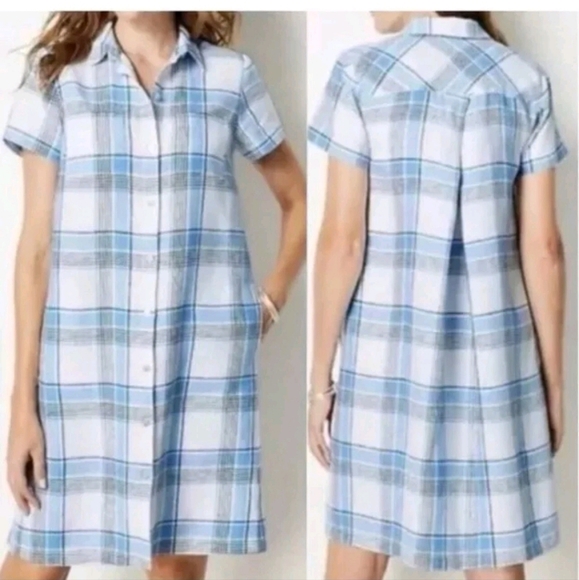 J. Jill Dresses & Skirts - J.JILL Love Linen Blue Plaid Button Front‎ Short Sleeve Dress Size Small